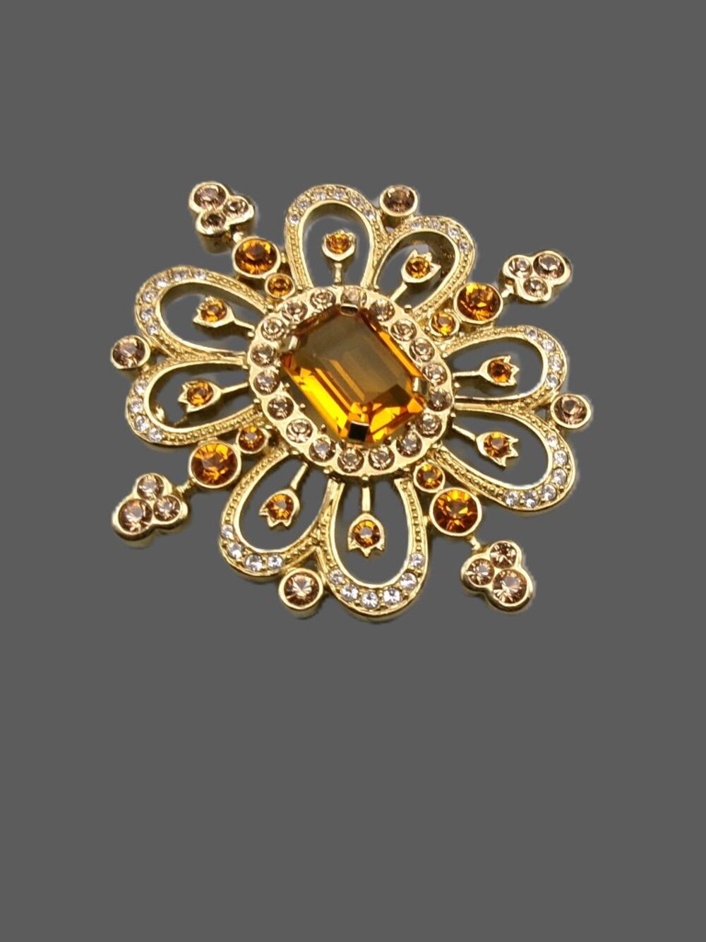 Vintage Carolee Gold Brooch w/ Amber & Clear Colored Stones